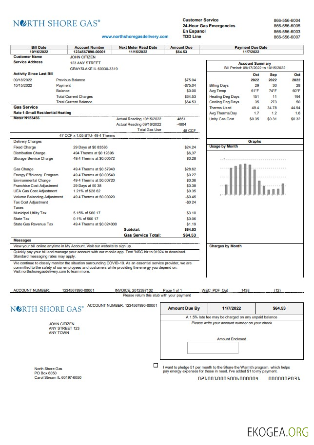 USA Illinois North Shore Gas utility bill template in Word and PDF format